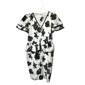 Christian Dior VTG  Robes Du Soir Black & White Floral Puff Sleeve Dress 12